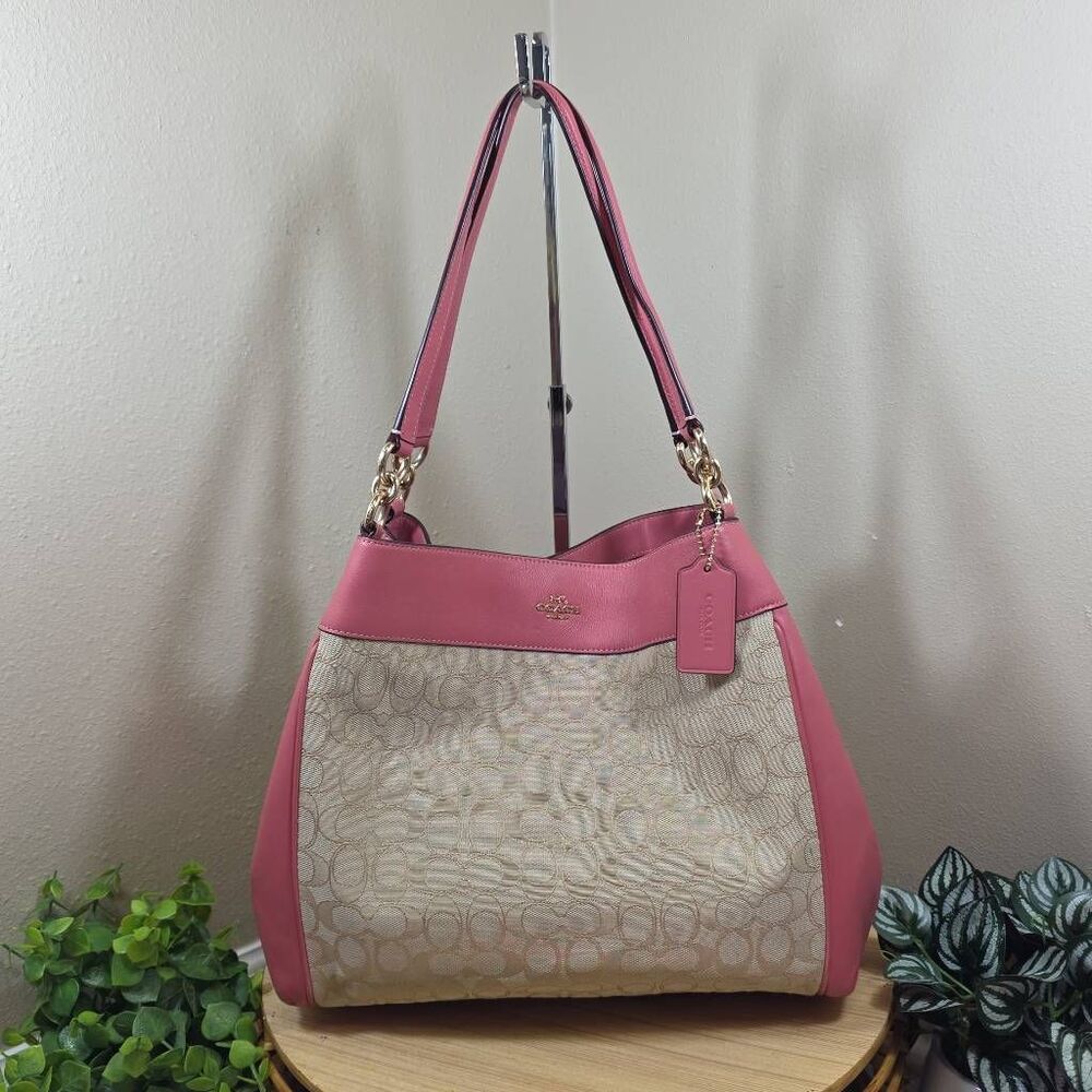 Coach Lexy Signature Zip Top Tote Shoulder Bag | Khaki Jacquard & Mauve Leather